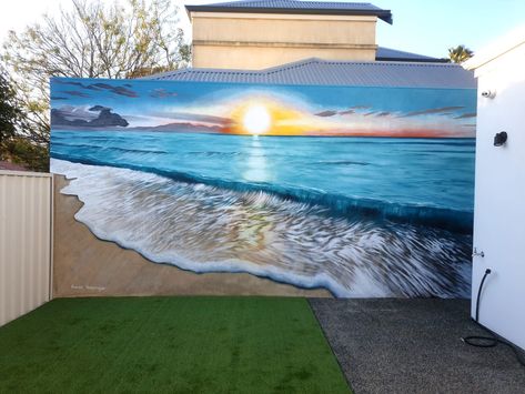 Beach Sunset by Susan Respinger seen at Private Residence, Mount Hawthorn | Wescover Poolside Mural, Yard Mural, Patio Mural, Around The Pool Ideas, Terrace Wall, Surfboards Artwork, Earthy Blue, Patio Blocks, Indoor Mural