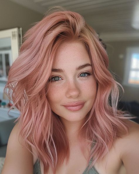 Cherry blonde hair color #Hair #haircut #hairstyle #instamood #instagood #trendhaircuts Muted Strawberry Blonde Hair, Cherry Blonde Hair Color, Pinkish Blonde Hair, Apricot Blonde Hair, Pastel Peach Hair, Medium Pink Hair, Cherry Blonde Hair, Cherry Blonde, Medium Shaggy Hairstyles