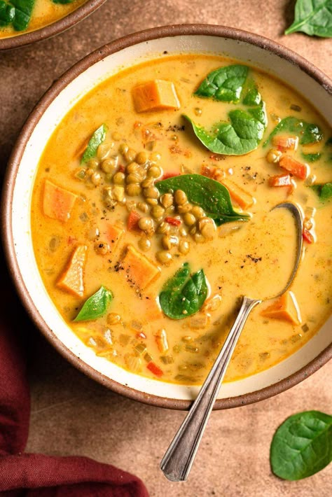 undefined Coconut Curry Lentil Soup, Potato Lentil Soup, Curry Lentil Soup, Masala Corn, Sweet Potato Lentil Curry, Paneer Pizza, Sweet Potato Lentil Soup, Pinto Bean Soup, Sautéed Onions