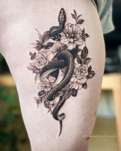 Rod Of Asclepius Tattoo Feminine, Floral Tattoo Ideas, Tattoo Ideas For Woman, Snake And Flowers Tattoo, Snake And Flowers, Different Hobbies, Thigh Piece Tattoos, Forearm Cover Up Tattoos, Floral Thigh Tattoos