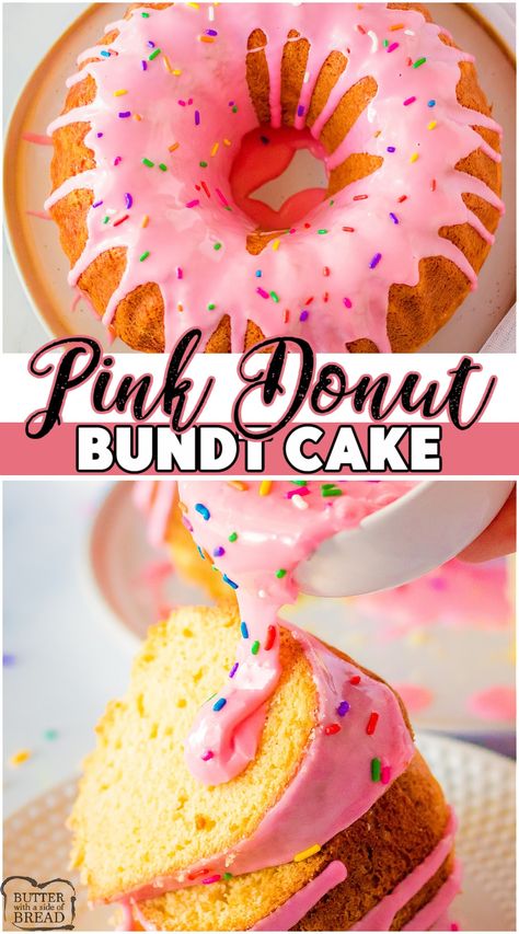 Donut Cake Diy, Donut Bundt Cake Recipes, Birthday Bundt Cake Recipes, Bundt Cake With Icing, Frosting A Bundt Cake, Pink Bundt Cake, Diy Donut Cake, Pink Donut Cake, Bundt Cake Icing