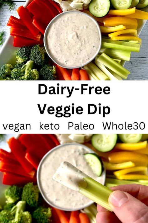 This homemade Dairy-Free Veggie Dip is a fast and easy snack or appetizer! It's thick and creamy and takes just minutes to whip up. Serve it with carrots, cucumbers, cauliflower and your other favorite vegetables. And this healthy dip recipe is also gluten-free, vegan, keto, low carb, Paleo and Whole30 friendly. Paleo Veggie Dip, Dairy Free Veggie Dip, Cucumber Dip Recipe, Healthy Veggie Dip, Gluten Free Dips, Vegetarian Dip, Healthy Dip Recipes, Paleo Recipes Snacks, Dairy Free Dips