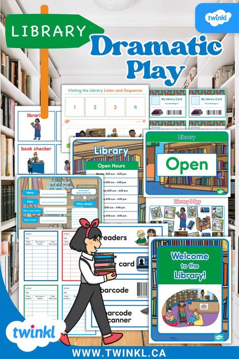 Twinkl’s library dramatic play resources displayed on a colourful background with original Twinkl illustrations. Library Dramatic Play, Dramatic Play Activities, Dramatic Play Area, Open Library, Welcome Card, Spark Creativity, Engaging Lessons, Library Card, Literacy Skills