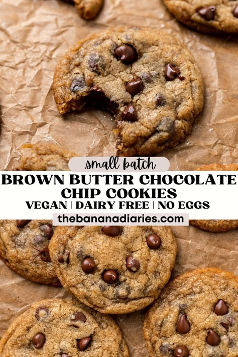 Chocolate Chip Cookies Egg Free, No Egg Chocolate Chip Cookies, Butter Free Cookies, Egg Free Chocolate Chip Cookies, Dairy Free Chocolate Chip Cookies, Small Batch Chocolate Chip Cookies, Chocolate Chip Cookies Vegan, Small Batch Cookie Recipe, Banana Diaries