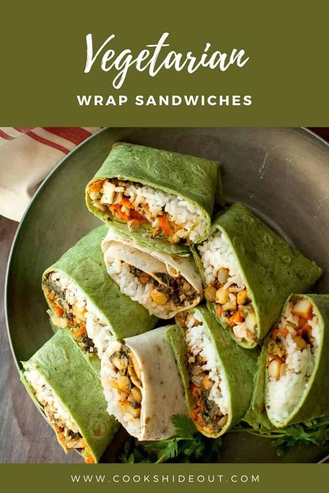 Looking for easy vegetarian wrap ideas? Then you have to try this vegetarian wrap sandwich that is easy to make and absolutely delicious. What's more is that this recipe is also very versatile. This spicy veggie wrap has a tortilla stuffed with rice, yummy chickpeas-spinach curry filling and crunchy salad. Perfect to pack for lunchbox or for a picnic. Vegaterian Wrap Ideas, Vegetarian Wrap Ideas, Vegetarian Lunch Wraps, Vegetarian Wraps Recipes, Easy Vegetarian Wraps Lunches, Lunch Wrap Vegetarian, Spinach Tortilla Wraps Lunch Ideas, Spinach Tortilla Wraps, Veg Wraps