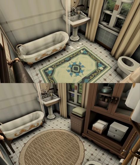 Sims 4 Vintage Bathroom, Vintage Bloxburg Bathroom, Sims 4 Victorian Bedroom, Bloxburg Shower Curtain Decals, Bloxburg Cottage House Ideas, Cottagecore Room Ideas, Bloxburg Victorian House, Bloxburg Cottage, Cottage House Interior