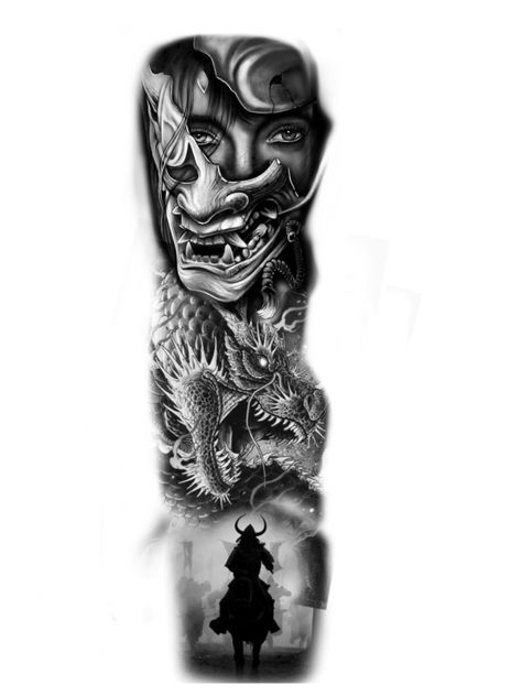 Samurai Full Sleeve Tattoo Design, Half Sleeve Tattoos For Guys Lower Arm, Samurai Tattoo Design Ideas For Men, Samauri Tattoos, Japanese Full Sleeve Tattoo Design, Samurai Dragon Tattoo, Japanese Sleeve Tattoos For Guys, Leg Sleeve Tattoo Men Full, Samurai And Dragon Tattoo