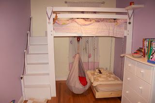 DIY Loft bed into bunk bed with a hanging ikea ekorre swing. Kids love their new space. Cool Beds For Teens, Ikea Loft, Lofted Bed, Ikea Loft Bed, Girls Bunk Beds, Diy Loft, Murphy Bed Ikea, Modern Bunk Beds, Diy Loft Bed