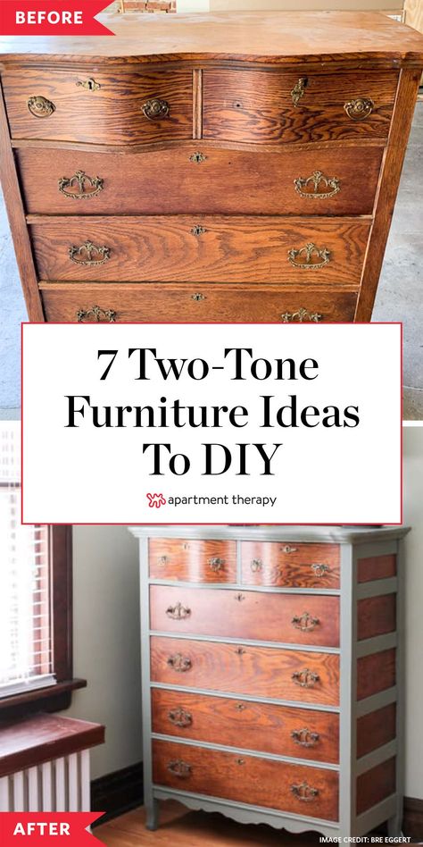 Love wood furniture? Us too! Try these 7 two-tone paint ideas for when your furniture just needs a *little* extra boost. #furnitureideas #twotonefurniture #dresserredo #diyprojects #diyideas #dresserideas #paintideas Two Tone Furniture Painting Wood, Stain And Paint Combo Furniture, Two Tone Dressers, Black Furniture Diy, Two Toned Dresser, Wood Dressers Makeover, Two Tone Furniture, Stained Dresser, Two Tone Dresser