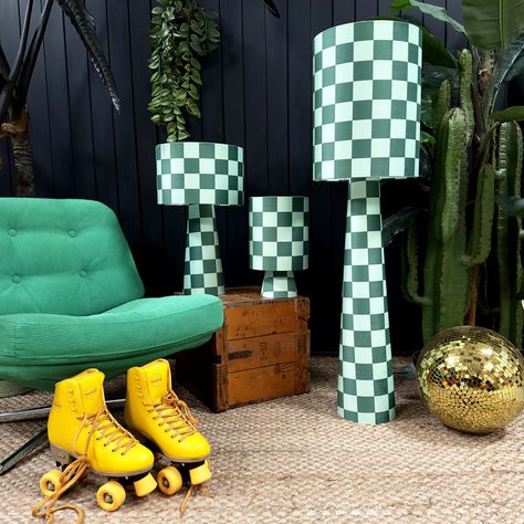 Portable Lamps | Love Frankie Unique Lamp Shades, Statement Lamp, 70s Green, Green Lamp Shade, Lampshade Designs, Unique Lamp, Statement Lighting, Free Fabric Swatches, Arc Floor Lamps