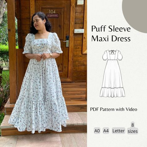 Long Gown Pattern, Cottagecore Dress Pattern, Maxi Dress Sewing, Sewing Pdf Pattern, Midi Dress Pattern, Prom Dress Pattern, Puff Sleeve Maxi Dress, Cottage Dress, Xxxl Dress