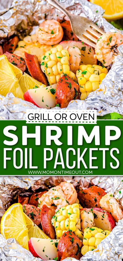 Shrimp Foil Packets are loaded with all the amazing ingredients in a classic shrimp boil but are quicker and easier to make! Perfect for grilling, camping or in the oven. You’ll love this simple and delicious recipe with minimal clean up! // Mom On Timeout Shrimp Foil Packs On The Grill, Foil Shrimp Packets Oven, Shrimp Foil Packets For The Oven, Shrimp Packets For The Grill, Shrimp Foil Packets For The Grill, Shrimp Foil Packets, Seafood Foil Packets Ovens, Shrimp Packets Oven, Shrimp Boil Foil Packets Ovens