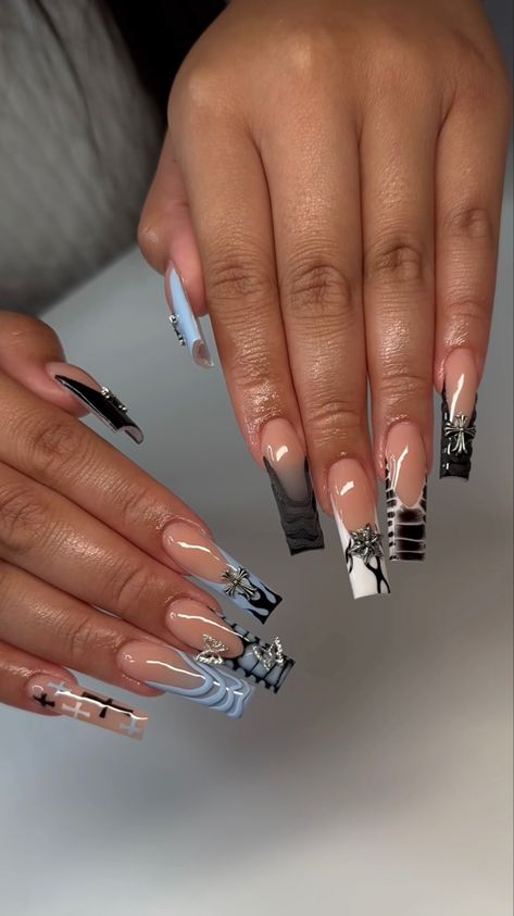 Pink Silver Nails, Beyonce Nails, Homecoming Nails Acrylic Coffin, Nails Acrylic Coffin, Punk Nails, Blue Acrylic Nails, Ombre Acrylic Nails, Homecoming Nails Acrylic, Colored Acrylic Nails