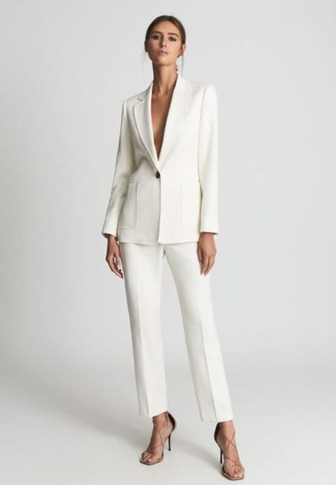 14 of the best bridal suits to channel Laura Whitmore, Millie Mackintosh and more | HELLO! Bride Trouser Suit, White Suite Wedding Women, Womens White Wedding Suit, Lesbian White Suit Wedding Outfits, White Female Wedding Suit, Valentino Suit, Wedding Suits For Bride, Traditional White Wedding, Tuxedo Jumpsuit