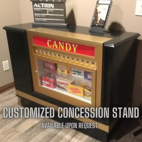 Home Theater Concession Stand Home Theater Concession Stand with Candy Case Your home cinema isn’t complete until you add this Home Theater Concession Stand with Candy Case to it. The Candy Case is already installed into the stand, and it features glass shelves, a hinged glass door, and interior lighting. Laminate countertop to set your mini-popper beverages, or snack trays on. Wow your guests with this movie theater like concession stand. Shop more from our Concession Stand collection here! Det Home Theater Concession, Stairs Apartment, At Home Theater, Theater Decoration, Media Room Decor, Basement Movie Room, Theater Room Decor, Movie Theater Decor, Silver Things