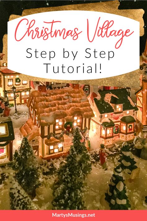 Step by step instructions on creating a Christmas village display as a family tradition. Included are money saving tips and a video tutorial! Christmas Village Platform Ideas, Christmas Village Display Table, Train Display Ideas, Christmas Village Display Ideas Diy Easy, Christmas Village Display Ideas Layout, Diy Christmas Village Accessories, Diy Christmas Village Platform, Christmas Village Ideas, Christmas Village Display Ideas Diy