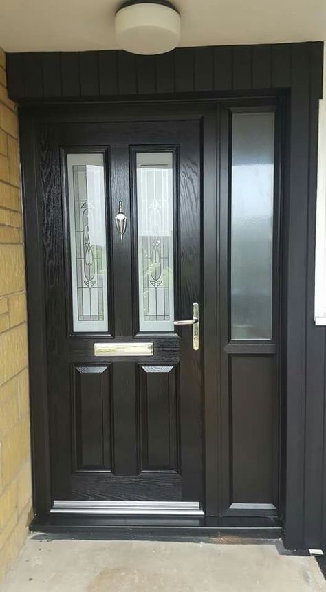 Black composite door from www.xtremedoor.co.uk External Doors Ideas, Cottage Composite Front Door, Composite Door Ideas, Composite Front Door Ideas Uk, Front Door Ideas Black, Composite Front Door With Side Panel, Black Composite Front Door, Black Front Door Ideas, Composite Front Doors Uk