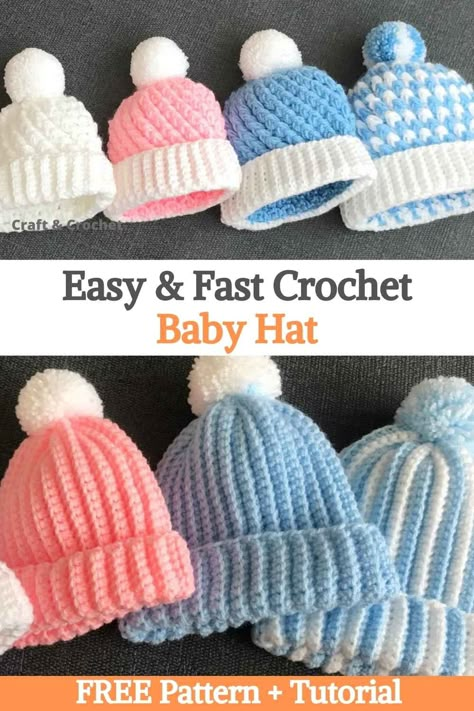 Free Crochet Baby Beenies, Free Baby Beanie Crochet Pattern, Crochet Baby Hat 0-3 Months Free Pattern, Baby Crochet Hats Free Pattern, Easy Crochet Baby Hat, Corak Krusye, Crochet Baby Hats Free Pattern, Crochet Baby Cap, Baby Hat Free Pattern