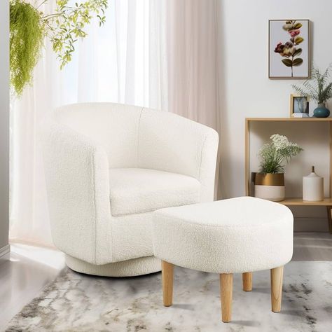 Amazon.com: DAZONE Accent Chair Swivel Chair Sherpa Swivel Barrel Chair with Ottoman Fluffy Chair Teddy Comfy Armchair Footrest Set for Living Room Upholstered Club Tub Sofa Chair for Bedroom Reading Room White : Home & Kitchen Small Chair In Bedroom Corner, Sherpa Chair Bedroom, White Fluffy Chair, Living Room With Ottoman, Sofa Chair For Bedroom, Dorm Room Chairs, White Bedroom Chair, Fluffy Chair, Cozy Reading Chair