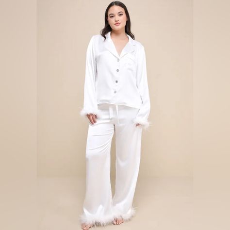 Lulus White Satin Feather Two Piece Pajama Set Size Large Two Piece Pajama Set, Satin Pajamas, White Satin, Women's Intimates, Pajama Set, Dream Wedding, Pajamas, Color White, Two Piece