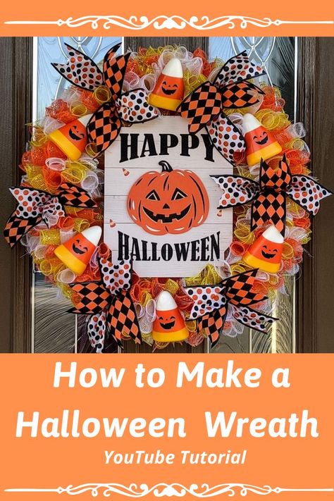 Dollar Tree Halloween Diy, Corn Wreath, Wreath Making Tutorials, Candy Corn Wreath, Making Mesh Wreaths, Fall Mesh Wreaths, Dollar Tree Halloween, Dollar Tree Fall, Diy Halloween Wreath