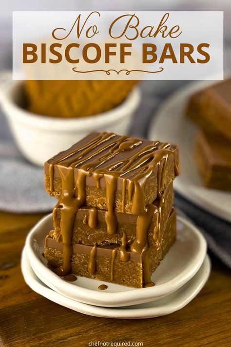 3 square pieces of Biscoff bars stacked on a small white plate with a Biscoff drizzle. Biscoff Spread Recipes Easy, Biscoff Recipes Easy, Biscoff Slice, Biscoff Drizzle, Almond Treats, No Bake Slice, Biscoff Desserts, Biscoff Dessert, No Bake Biscoff