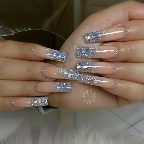 Glitter And Gem Acrylic Nails, Birthday Nails Silver Glitter, Silver Glitter Long Nails, Silver Sparkly Prom Nails, Coffin Acrylic Nails Silver, Glitter French Tips Long, Silver Sparkly Nails Acrylics, Sequin Nails Acrylic, Sliver Prom Nails Acrylic