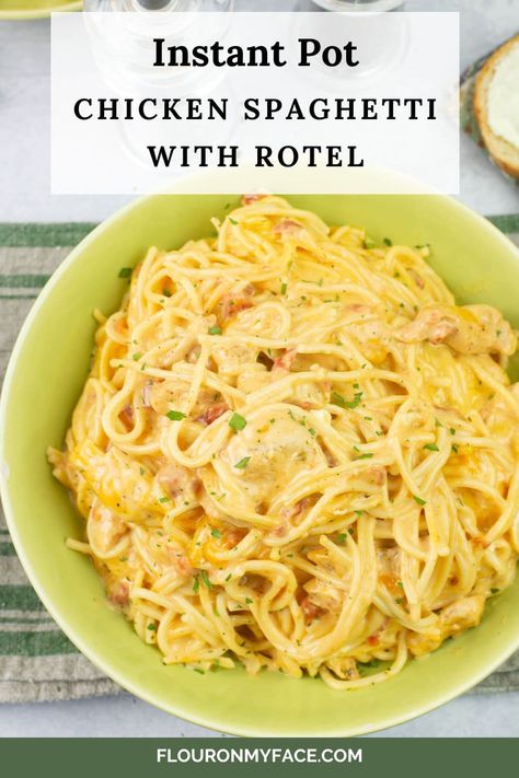 Cheesy chicken Spaghetti with Rotel is a great weeknight dinner done in under 30 minutes. Pressure Cooker Chicken Spaghetti, Chicken Spaghetti Recipe With Rotel Velveeta Instant Pot, One Pot Chicken Spaghetti Recipe, Chicken Spaghetti Instapot, Instant Pot Chicken Spaghetti Rotel, Velvet Chicken Spaghetti, Instapot Chicken Spagetti, Crockpot Chicken Spaghetti With Rotel, Rotel Instant Pot