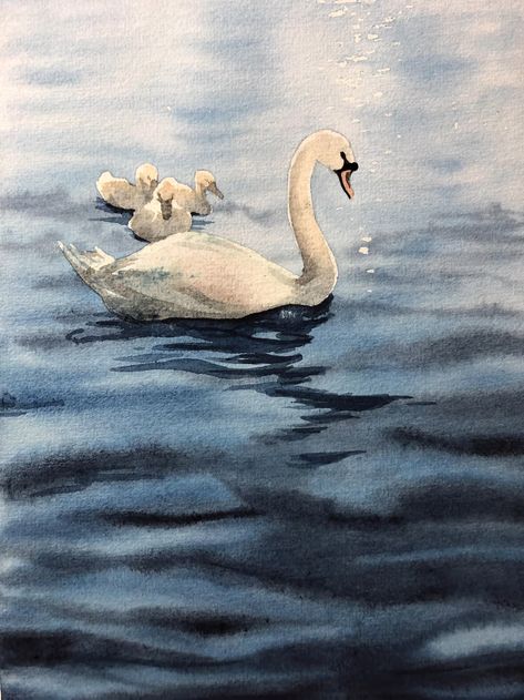 Swan Artwork, Swan Painting, Swans Art, Reflection Painting, Animals And Birds, Lake Painting, Lake Art, Bird Artwork, Watercolor Landscape Paintings