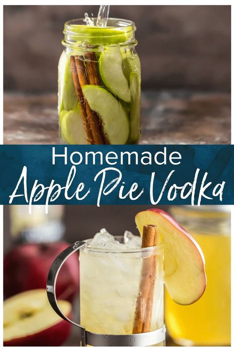 Homemade Apple Pie Vodka is an easy gift idea for Fall. This Homemade Vodka recipe is so simple and so delicious! This simple Apple Vodka also makes the best fall cocktail: Apple Pie Spritzer! Apple Pie Vodka, Homemade Liqueur Recipes, Flavored Alcohol, Apple Vodka, Spritzer Recipes, Homemade Alcohol, Homemade Liquor, Homemade Apple Pie, Vodka Cocktails Recipes