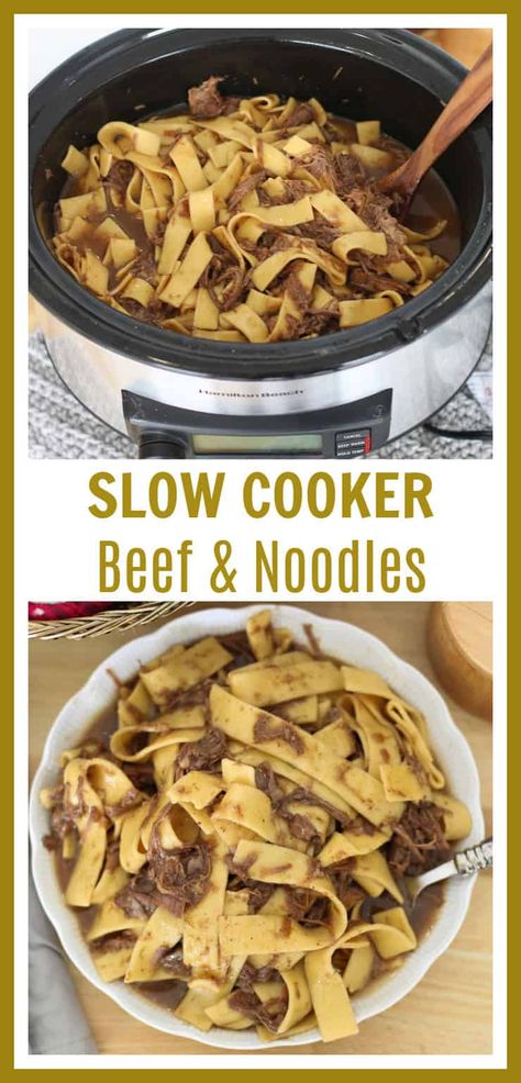 Slow cooker beef and noodles is an easy dump and go recipe. Tender beef is cooked in rich, flavorful, brown gravy and served over egg noodles creating a delicious, hearty, comfort meal. Beef Egg Noodles Crockpot, Slow Cooker Beef And Noodles Recipes, Beef Tips And Noodles Crock Pot Slow Cooker Easy Recipes, Frozen Noodles In Crockpot, Thanksgiving Noodles Crock Pot, Reames Egg Noodle Recipes Beef, Amish Beef And Noodles Crockpot, Beef And Noodles Crockpot Easy, Beef N Noodles