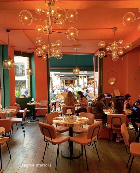 Orange Coffee Shop, Orange Restaurant, Orange Cafe, Coffee Shop Interior Design, Orange Coffee, Printed Tile, Coffee Shops Interior, Pale Orange, Orange Aesthetic