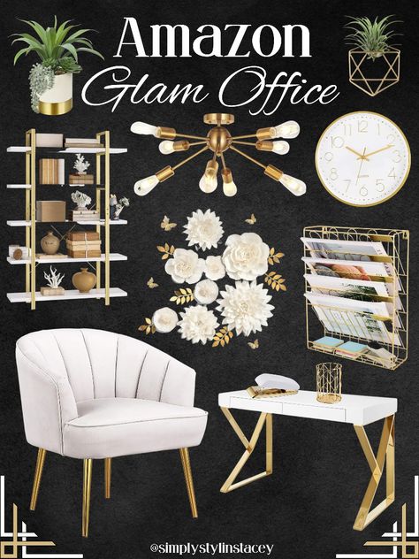 Glam Gold And White Home Office, Home Office White And Gold, White And Gold Office Desk, Grey And Gold Office Decor, White And Gold Desk Office, Black White Gold Home Office, White Gold Black Office, Glam Classroom Decor, Home Office Gold Accents