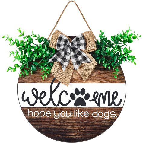 PRICES MAY VARY. The package includes: you will receive one Dog Welcome Sign, With its eye-catchy design and “we hope you like dogs” message, our door wreath will make everyone feel welcomed into a home full of warmth and adorable quality materials: The front door sign was crafted with high attention to detail, using quality materials to ensure long-lasting use. durable, and sturdy.It is made from solid which is known to withstand warping or splitting even when exposed to outdoor elements. desig Farmhouse Front Porch Decor, Welcome Signs Front Door, Farmhouse Front Porch, Wood Wreath, Door Signs Diy, Front Door Sign, Porch Welcome Sign, Farmhouse Front Porches, Signs Diy