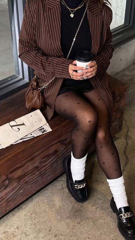 Patterned Tights Outfit, Black Tights Outfit, Denmark Fashion, Fashion Week Outfit, London Outfit, Patterned Tights, Black Pantyhose, White Socks, Cold Weather Fashion