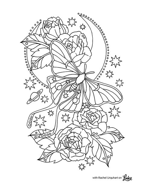 Luna Moth Coloring Page, Whimsigoth Coloring Page, Northern Lights Coloring Page, Art Nouveau Coloring Pages, Scorpio Coloring Pages, Whimsical Coloring Pages, Moon Coloring Pages Free Printable, Witchy Coloring Pages Free Printable, Collage Coloring Pages