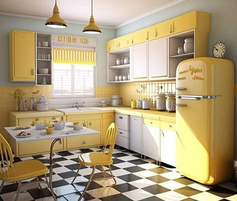 Yellow Tile Kitchen, Fifties Kitchen, 50’s Kitchen, 1950 Kitchen, House Reference, 50s Kitchen, Kitchen Colours, Checkerboard Floor, Yellow Tile