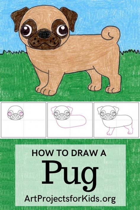 How To Draw A Pug Step By Step, How To Draw A Pug, Pug Drawing Easy, Checker Painting, Pugs Drawing, Draw A Pug, Pug Coloring Page, Dog Drawing For Kids, Drawings For Boyfriend