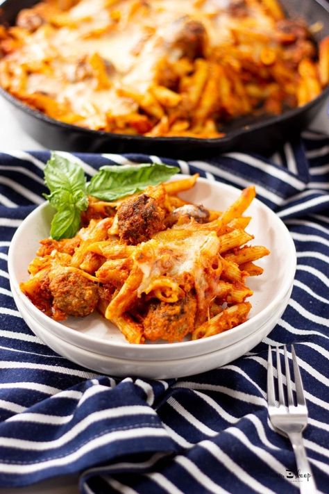 Pasta With Turkey Meatballs, Pasta And Meatball Bake, Baked Ziti With Frozen Meatballs, Baked Ziti And Meatballs, Recipes With Ziti Noodles, Turkey Meatball Pasta, Meatball Pasta Casserole, Ziti Noodles, Dump And Bake Meatball Casserole