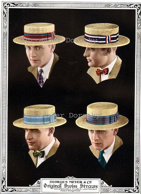 1926 Swiss Straw Boater's Hats Men's Summer Fashions Advertisement by SurrendrDorothy, via Flickr 1920s Mens Hats, 1920 Men, 1920s Mens Fashion, 1920s Men, Straw Boater, Dapper Dudes, Mens Hats, Boater Hat, Vintage Mens Fashion