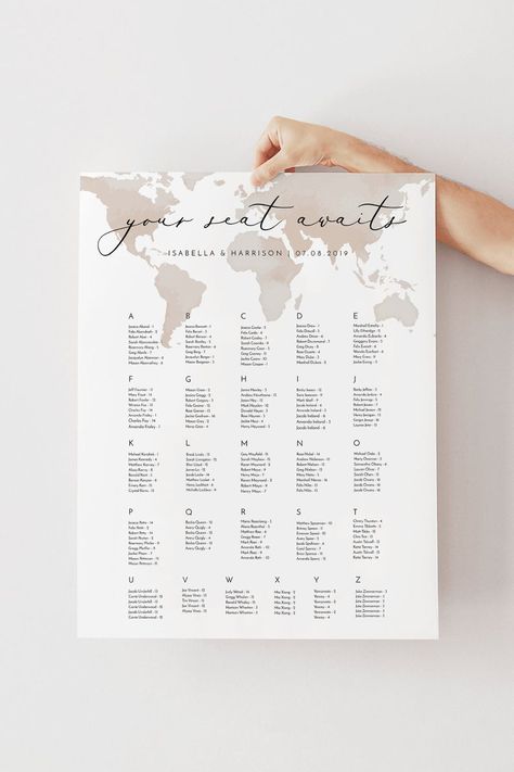 Destination Wedding Seating Chart, Seating Chart Alphabetical, Bridesmaid Proposal Diy, Alphabetical Seating Chart, Wedding Seating Chart Template, Modern Minimalist Wedding, Seating Chart Template, Bachelorette Invitations, Chart Template