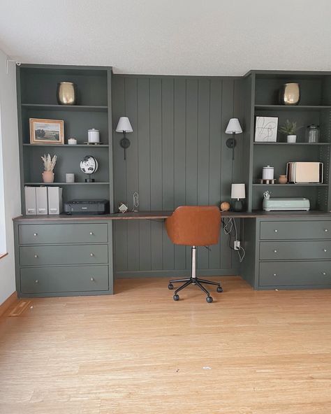 Our Home Office - Before and After Awkward Office Layout, Built In Office Ideas, Bookshelf Desk Diy, Home Office Study Room, Large Home Office Layout, Home Office Using Kitchen Cabinets, Home Office Before And After, Ikea Built In Desk, Built In Standing Desk