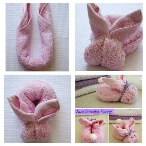 Bunny towl Bunny Rabbit Crafts, Washcloth Crafts, Rabbit Crafts, Church Easter Decorations, Towel Animals, Packing Hacks Clothes, Baby Shower Crafts, Baby Gift Hampers, How To Fold Towels