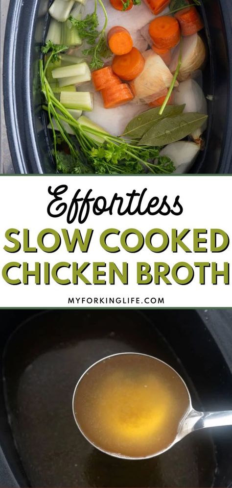 Make this effortless slow-cooked chicken broth! Let the rich flavors of chicken, herbs, and vegetables simmer to perfection, creating a nourishing and flavorful base for soups, stews, or sipping. A simple, hands-off way to make homemade broth! Slow Cooker Chicken Broth, Chicken Broth Recipe, Homemade Chicken Broth, Make Chicken Broth, Chicken Broth Recipes, Slow Cooked Chicken, Homestead Gardens, Broth Recipes, Cooked Chicken