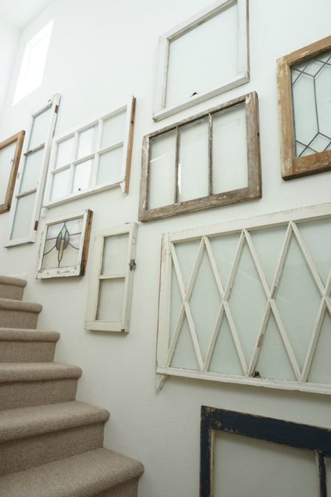 Tackle that blank wall and get inspired with these 20 gallery wall design ideas! Window Frame Art, Old Window Decor, Old Window Frames, Gallery Wall Design, Staircase Wall Decor, Wall Design Ideas, Diy Staircase, Window Wall Decor, Staircase Wall