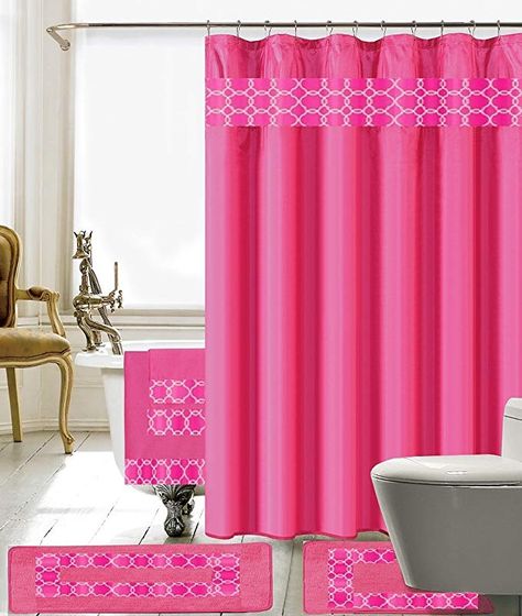 💕Amazon.com: 18 Piece Embroidery Banded Shower Curtain Bath Set 1 Bath Mat 1 Contour 1 Shower Curtain 12 Matching Fabric Shower Rings 3 Pcs Matching Towel Set 100% Polyester (Hot Pink): Home & Kitchen💕#thinkpink 💕#affiliatelink Orange Shower Curtain, Ruffle Shower Curtains, Pink Shower Curtains, Shower Rings, Shower Hooks, Bath Set, Embroidered Towels, Shower Curtain Set, Shower Liner