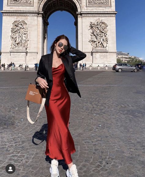 Blazer And Silk Dress, Silk Dress With Blazer Outfit, Satin Dresses With Blazer, Satin Dress With Long Sleeve Shirt Under, Satin Dress Work Outfit, Red Slip Dress Outfits Winter, Melting Lady Style Outfits, Satin Dress Outfit Street Style, Red Dress With Blazer