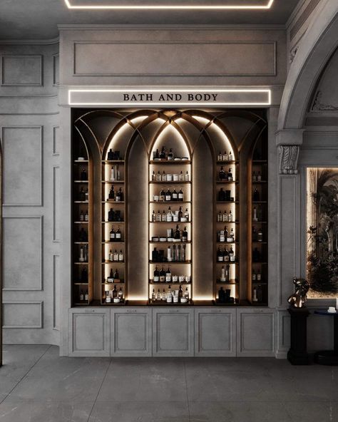 Perfume Storage Ideas, Dubai Villa, Metal Cabinets, Perfume Storage, Retail Store Interior Design, Muscat Oman, Bar Interior Design, Retail Store Interior, Showroom Interior Design