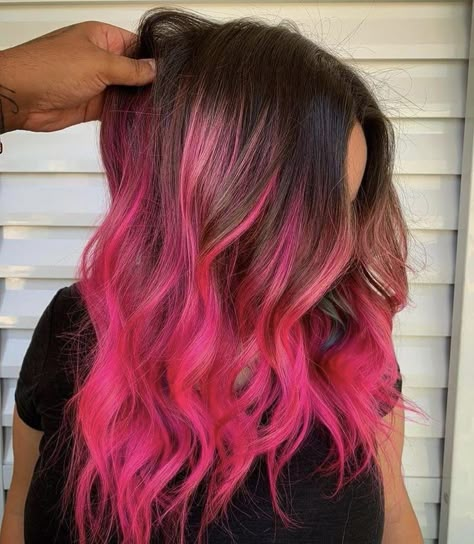 Neon Pink Balayage, Neon Pink Ombre Hair, Black To Hot Pink Ombre Hair, Dark To Pink Ombre Hair, Neon Pink Hair Highlights, Hot Pink Hair Ombre, Bright Pink Balayage Brunette, Brown To Hot Pink Ombre Hair, Ombré Hair Pink