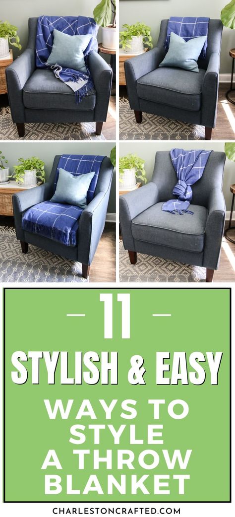 stylish and easy ways to style a throw blanket Chair With Throw Blanket, Throw Over Chair, How To Style A Throw On A Chair, Styling Throw Blankets Couch, Styling A Throw Blanket On A Couch, Blanket Over Chair, How To Put A Throw On A Couch, Throw Blanket On Ottoman, Throw On Chair